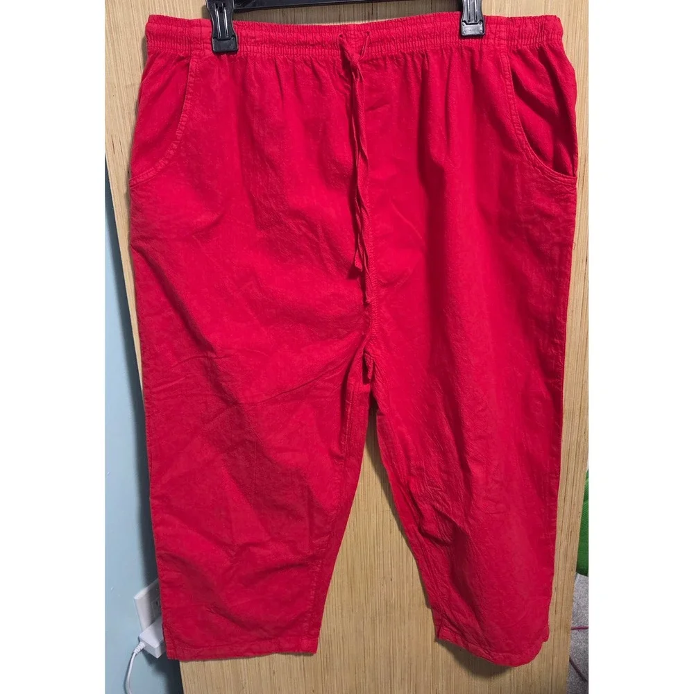 Ragtop USA Womens Red 100% Cotton Elastic Waist Drawstring Cropped Pants 2X